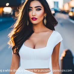 a woman wearing a white dress is posing for a picture . 
