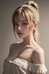 a girl with a long ponytail and bare shoulders