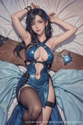 a girl in a blue outfit laying in bed . 
