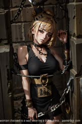 a woman chained to a wall wearing a black dress . 