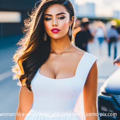a woman in a white dress with long hair . 