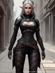 a woman with a leather outfit and black boots 