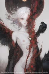 A woman with white hair and a red and black winged jacket stands in front of a white background with a black crow on her shoulder.