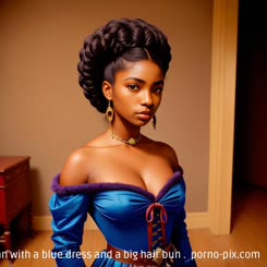 a woman with a blue dress and a big hair bun . 