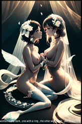 two women in the dark , one with a ring , the other with a veil . 