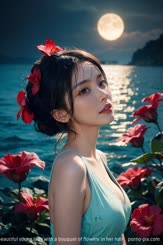 a beautiful young lady with a bouquet of flowers in her hair . 