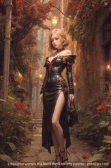 a beautiful woman in a black dress holding a purse . 