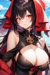 a woman in a black outfit and a red hat