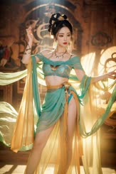 a woman in a green and gold costume is posing for a picture