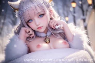 a woman in a white dress with blue eyes . 