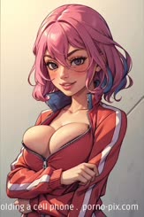 a beautiful woman with pink hair holding a cell phone . 