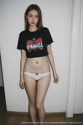 A woman wearing a black shirt and white underwear.