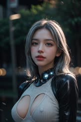 a woman with long gray hair and a leather jacket