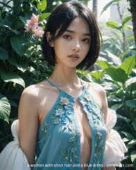 a woman with short hair and a blue dress . 