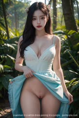 a woman in a white dress posing in a jungle . 