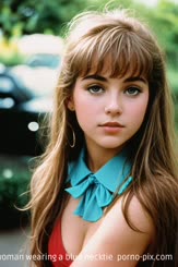 a close up of a young woman wearing a blue necktie 