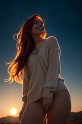 a woman in a white sweater and shorts is standing outside 