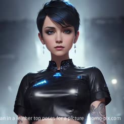 a woman in a leather top poses for a picture . 