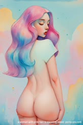 a woman with pink hair is standing naked 