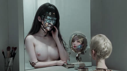 Naked Woman Looking at Herself in Mirror