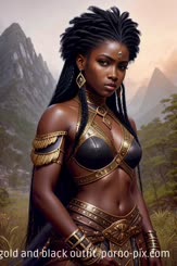 a woman wearing a gold and black outfit 