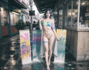 a woman standing next to a pair of paintings