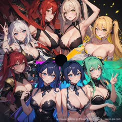 a group of anime girls posing for a picture . 