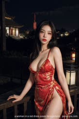 a woman in a red dress poses for a picture . 