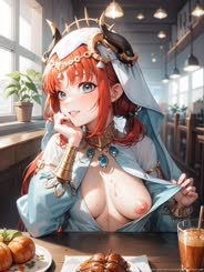 a woman with a red hair and a white outfit is sitting at a table . 
