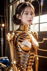 a woman in a gold costume holding a gold object