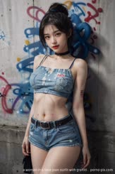 a woman in a blue jean outfit with graffiti . 