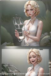 a collage of images of a woman with a floral head piece . 