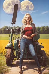 a painting of a woman standing next to a green motorcycle