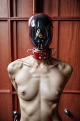 a mannequin wearing a black and red head gear