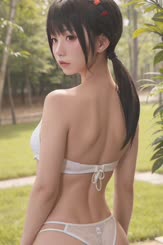 a woman in a white bra with a ponytail