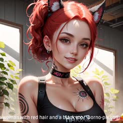 a woman with red hair and a black top . 