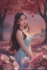 a woman with long hair is standing in a field . 