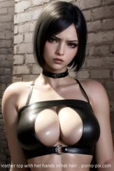 a sexy woman in a leather top with her hands in her hair . 