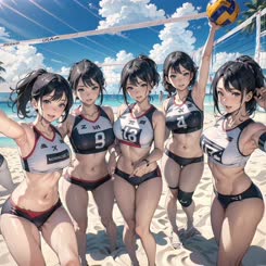 a group of women are standing on the beach