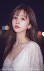 a beautiful young woman with fair skin and long hair dressed in a white low cut blouse. She looks into the distance with a street at night as the background.