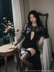 a woman in a black dress sitting on a chair 