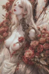 a beautiful woman with long blonde hair and large breasts dressed in a white dress with a red floral pattern. She is sur