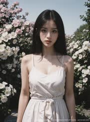 a woman in a white dress standing in front of flowers . 