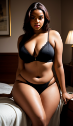 is aæ€§æ„Ÿè‚–åƒ of a plus size model in black lingerie sitting on a bed.