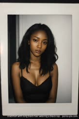 a woman with long black hair wearing a black top . 