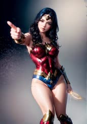 a woman dressed as wonder woman points at the camera . 