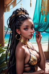 a girl with dreadlocks and a bikini top