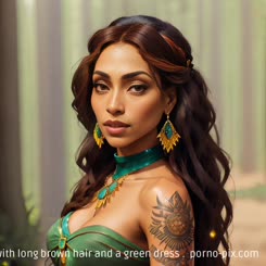a woman with long brown hair and a green dress . 