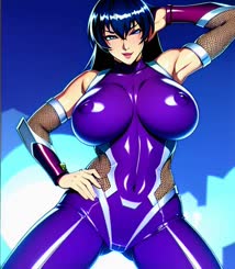 a close up of a cartoon of a woman in a purple outfit