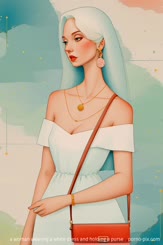 a woman wearing a white dress and holding a purse . 